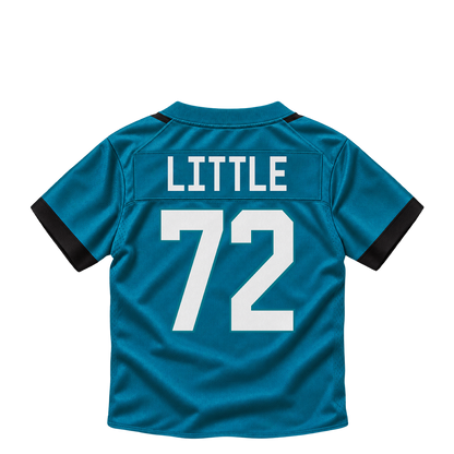 Jacksonville Jaguars jersey keychain — Walker Little #72. Exact saved player artwork preview.