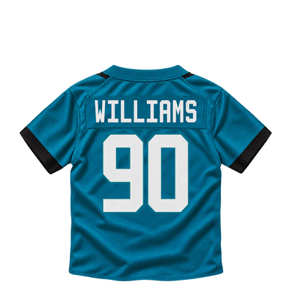 Jacksonville Jaguars jersey keychain — Wesley Williams #90. Exact saved player artwork preview.