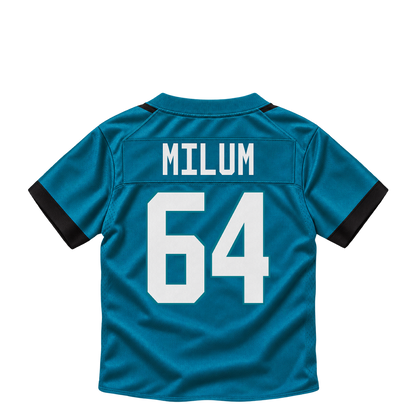 Jacksonville Jaguars jersey keychain — Wyatt Milum #64. Exact saved player artwork preview.