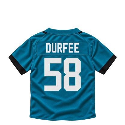 Jacksonville Jaguars jersey keychain — Zach Durfee #58. Exact saved player artwork preview.