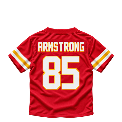 Kansas City Chiefs jersey keychain — Andrew Armstrong #85. Exact saved player artwork preview.