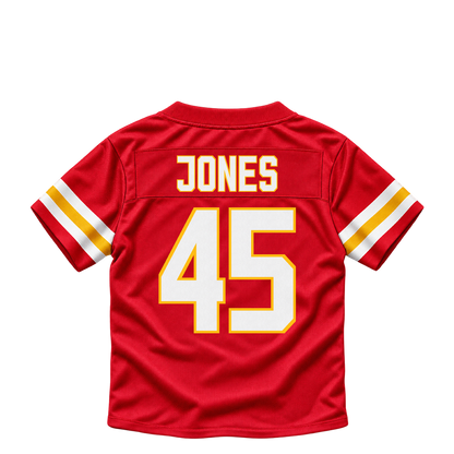 Kansas City Chiefs jersey keychain — Cam Jones #45. Exact saved player artwork preview.