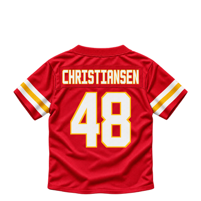 Kansas City Chiefs jersey keychain — Cole Christiansen #48. Exact saved player artwork preview.