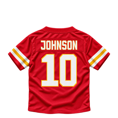 Kansas City Chiefs jersey keychain — Emmett Johnson #10. Exact saved player artwork preview.