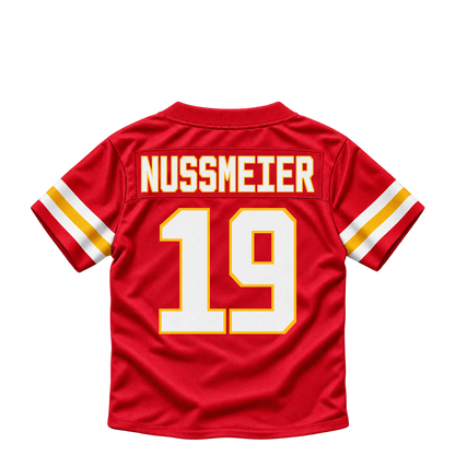 Kansas City Chiefs jersey keychain — Garrett Nussmeier #19. Exact saved player artwork preview.
