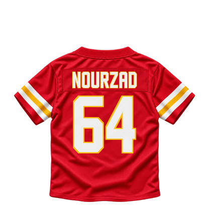 Kansas City Chiefs jersey keychain — Hunter Nourzad #64. Exact saved player artwork preview.