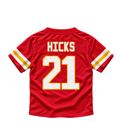 Kansas City Chiefs jersey keychain — Jaden Hicks #21. Exact saved player artwork preview.