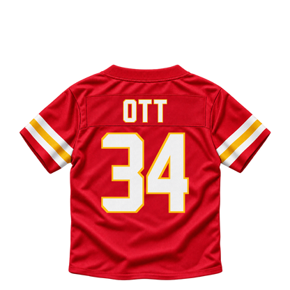Kansas City Chiefs jersey keychain — Jaydn Ott #34. Exact saved player artwork preview.