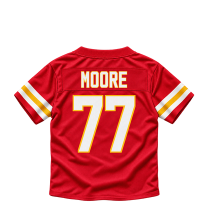 Kansas City Chiefs jersey keychain — Jaylon Moore #77. Exact saved player artwork preview.