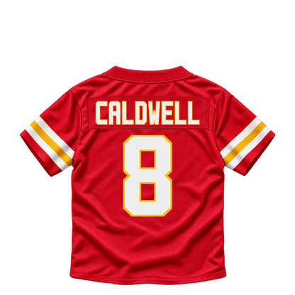 Kansas City Chiefs jersey keychain — Jeff Caldwell #8. Exact saved player artwork preview.