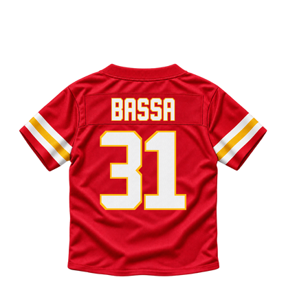 Kansas City Chiefs jersey keychain — Jeffrey Bassa #31. Exact saved player artwork preview.