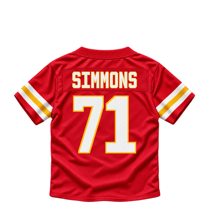 Kansas City Chiefs jersey keychain — Josh Simmons #71. Exact saved player artwork preview.