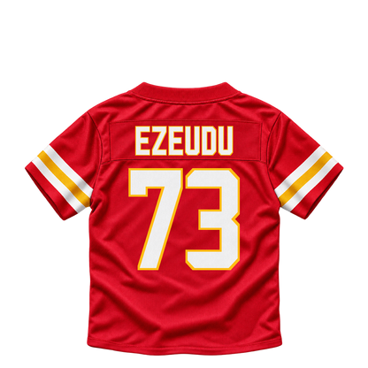 Kansas City Chiefs jersey keychain — Joshua Ezeudu #73. Exact saved player artwork preview.