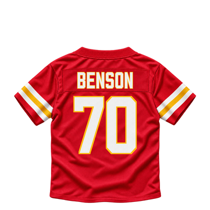 Kansas City Chiefs jersey keychain — Kahlil Benson #70. Exact saved player artwork preview.