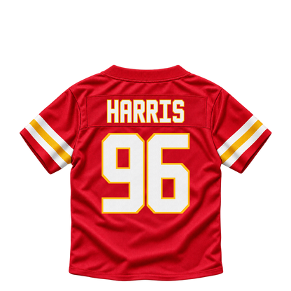 Kansas City Chiefs jersey keychain — Marcus Harris #96. Exact saved player artwork preview.