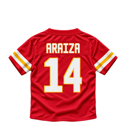 Kansas City Chiefs jersey keychain — Matt Araiza #14. Exact saved player artwork preview.
