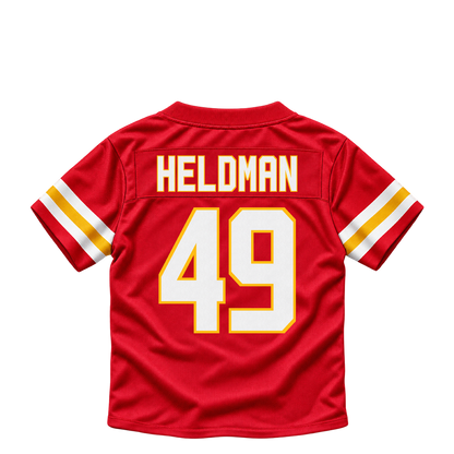 Kansas City Chiefs jersey keychain — Michael Heldman #49. Exact saved player artwork preview.