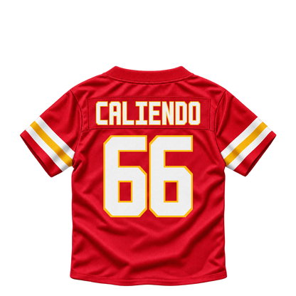 Kansas City Chiefs jersey keychain — Mike Caliendo #66. Exact saved player artwork preview.