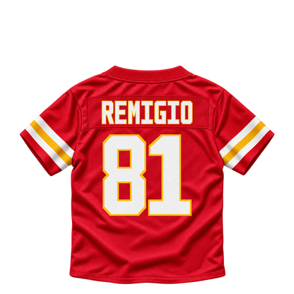 Kansas City Chiefs jersey keychain — Nikko Remigio #81. Exact saved player artwork preview.
