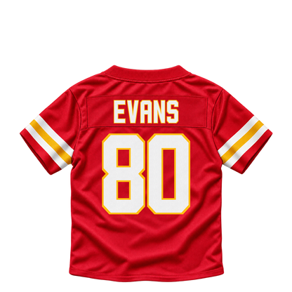 Kansas City Chiefs jersey keychain — Omari Evans #80. Exact saved player artwork preview.