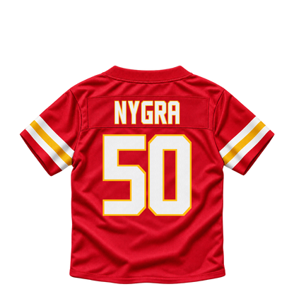 Kansas City Chiefs jersey keychain — Pete Nygra #50. Exact saved player artwork preview.