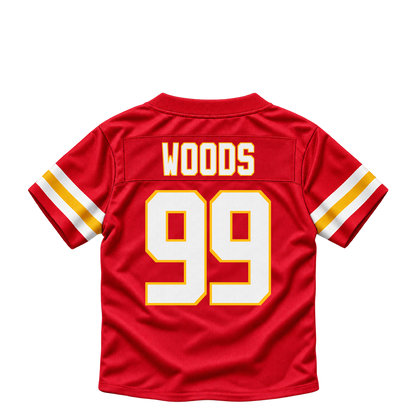 Kansas City Chiefs jersey keychain — Peter Woods #99. Exact saved player artwork preview.