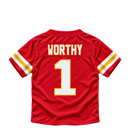 Kansas City Chiefs jersey keychain — Xavier Worthy #1. Exact saved player artwork preview.