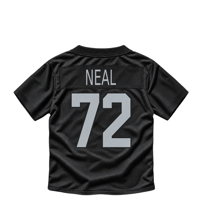 Las Vegas Raiders jersey keychain — Evan Neal #72. Exact saved player artwork preview.