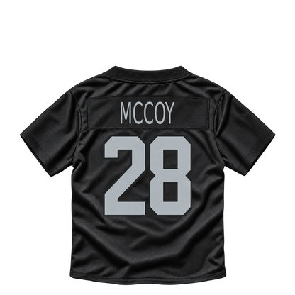 Las Vegas Raiders jersey keychain — Jermod McCoy #28. Exact saved player artwork preview.
