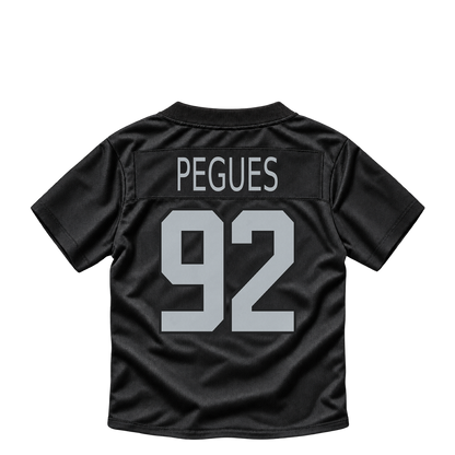 Las Vegas Raiders jersey keychain — JJ Pegues #92. Exact saved player artwork preview.