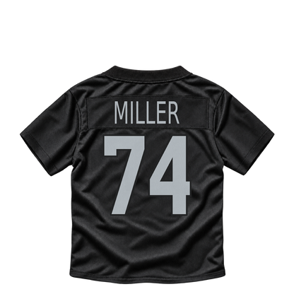 Las Vegas Raiders jersey keychain — Kolton Miller #74. Exact saved player artwork preview.