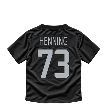 Las Vegas Raiders jersey keychain — Niklas Henning #73. Exact saved player artwork preview.