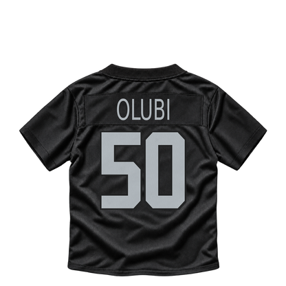 Las Vegas Raiders jersey keychain — Segun Olubi #50. Exact saved player artwork preview.