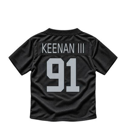 Las Vegas Raiders jersey keychain — Tim Keenan III #91. Exact saved player artwork preview.