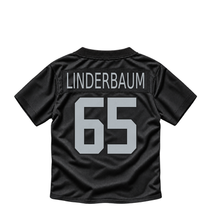Las Vegas Raiders jersey keychain — Tyler Linderbaum #65. Exact saved player artwork preview.