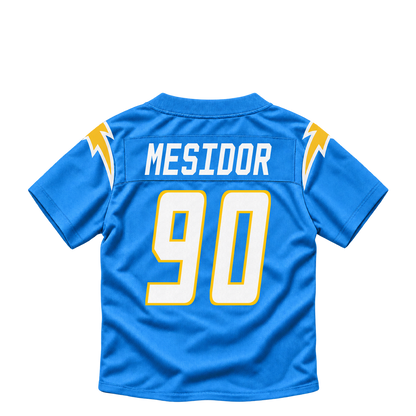 Los Angeles Chargers jersey keychain — Akheem Mesidor #90. Exact saved player artwork preview.