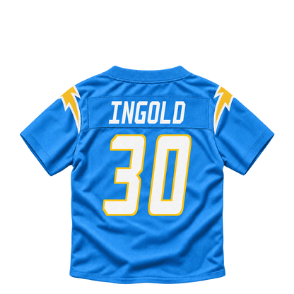 Los Angeles Chargers jersey keychain — Alec Ingold #30. Exact saved player artwork preview.