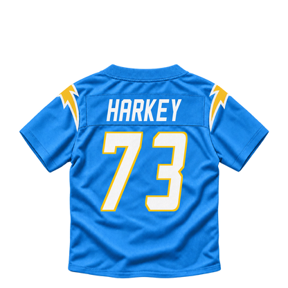 Los Angeles Chargers jersey keychain — Alex Harkey #73. Exact saved player artwork preview.