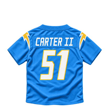Los Angeles Chargers jersey keychain — Andre Carter II #51. Exact saved player artwork preview.