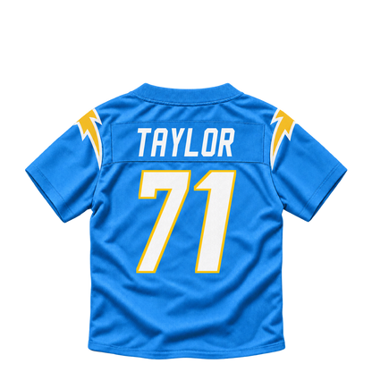 Los Angeles Chargers jersey keychain — Branson Taylor #71. Exact saved player artwork preview.