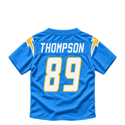 Los Angeles Chargers jersey keychain — Brenen Thompson #89. Exact saved player artwork preview.