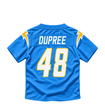 Los Angeles Chargers jersey keychain — Bud Dupree #48. Exact saved player artwork preview.