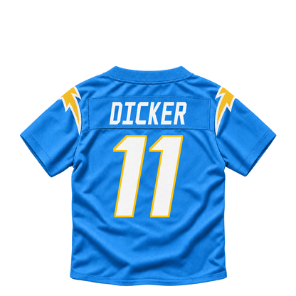Los Angeles Chargers jersey keychain — Cameron Dicker #11. Exact saved player artwork preview.