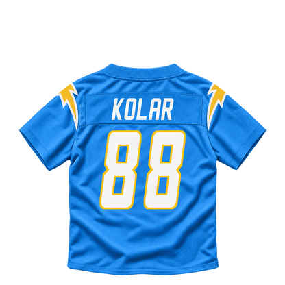 Los Angeles Chargers jersey keychain — Charlie Kolar #88. Exact saved player artwork preview.
