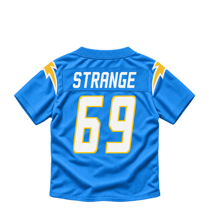 Los Angeles Chargers jersey keychain — Cole Strange #69. Exact saved player artwork preview.