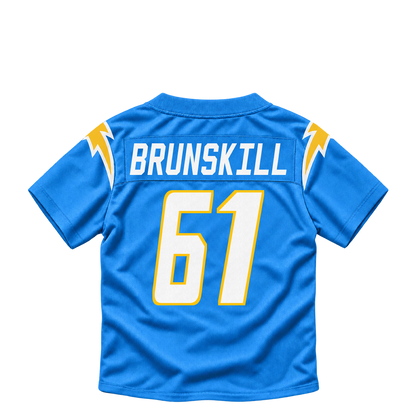 Los Angeles Chargers jersey keychain — Daniel Brunskill #61. Exact saved player artwork preview.