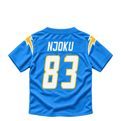 Los Angeles Chargers jersey keychain — David Njoku #83. Exact saved player artwork preview.