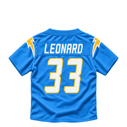 Los Angeles Chargers jersey keychain — Deane Leonard #33. Exact saved player artwork preview.
