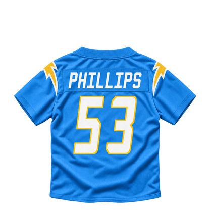 Los Angeles Chargers jersey keychain — Del'Shawn Phillips #53. Exact saved player artwork preview.