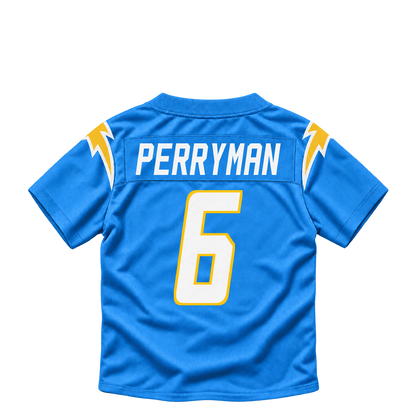 Los Angeles Chargers jersey keychain — Denzel Perryman #6. Exact saved player artwork preview.